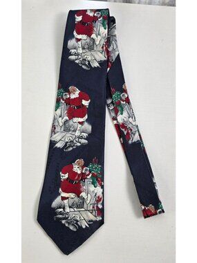 Vintage Hallmark Santa Claus Christmas Tie Navy Blue Yule Tie Greetings USA Made